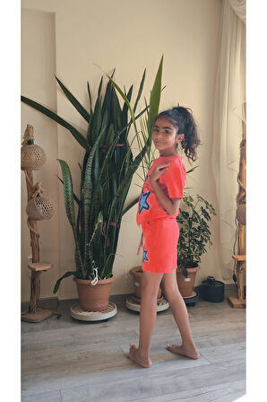 Kız Çocuk Pamuklu Şortlu Takım Somon, Lila, Nar Çiçeği Renkli