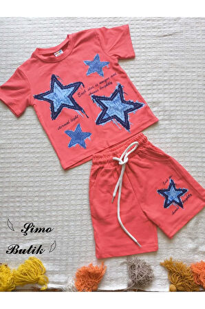 Kız Çocuk Pamuklu Şortlu Takım Somon, Lila, Nar Çiçeği Renkli