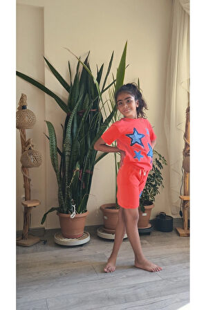 Kız Çocuk Pamuklu Şortlu Takım Somon, Lila, Nar Çiçeği Renkli