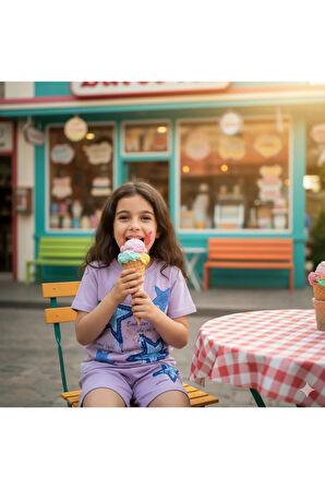 Kız Çocuk Pamuklu Şortlu Takım Somon, Lila, Nar Çiçeği Renkli