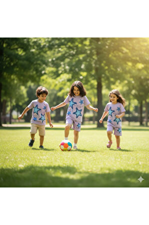 Kız Çocuk Pamuklu Şortlu Takım Somon, Lila, Nar Çiçeği Renkli