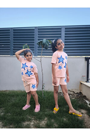 Kız Çocuk Pamuklu Şortlu Takım Somon, Lila, Nar Çiçeği Renkli