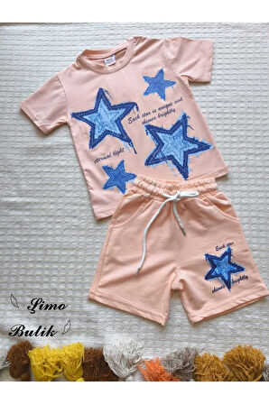 Kız Çocuk Pamuklu Şortlu Takım Somon, Lila, Nar Çiçeği Renkli