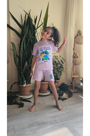 Kız Çocuk Şortlu Takım Stitchli Mor, Yeşil