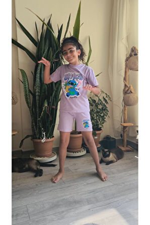 Kız Çocuk Şortlu Takım Stitchli Mor, Yeşil