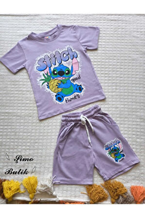Kız Çocuk Şortlu Takım Stitchli Mor, Yeşil
