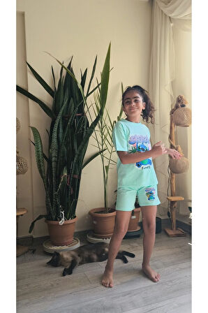 Kız Çocuk Şortlu Takım Stitchli Mor, Yeşil