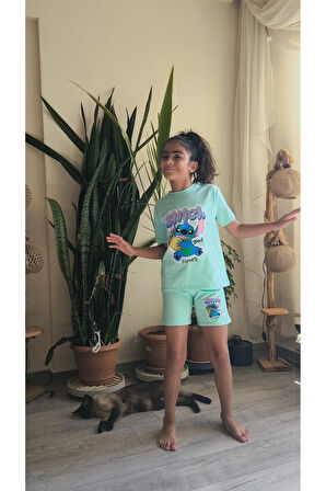Kız Çocuk Şortlu Takım Stitchli Mor, Yeşil