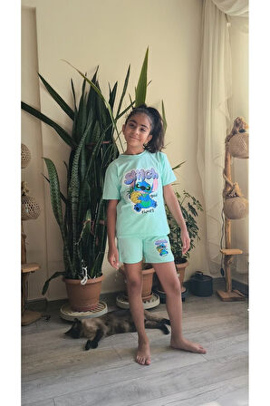 Kız Çocuk Şortlu Takım Stitchli Mor, Yeşil