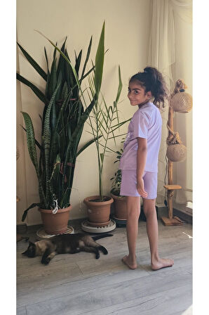 Kız Çocuk Şortlu Takım Yıldızlı Somon, Yeşil, Lila