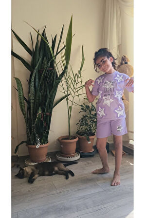 Kız Çocuk Şortlu Takım Yıldızlı Somon, Yeşil, Lila