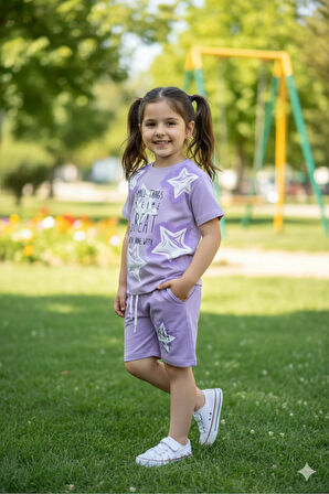 Kız Çocuk Şortlu Takım Yıldızlı Somon, Yeşil, Lila
