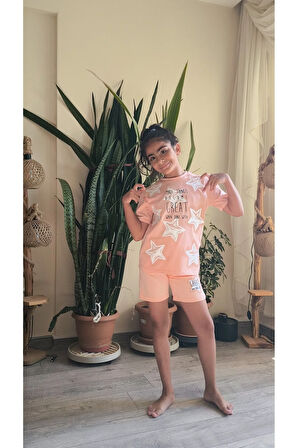 Kız Çocuk Şortlu Takım Yıldızlı Somon, Yeşil, Lila