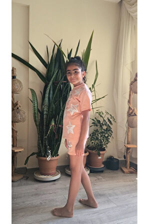 Kız Çocuk Şortlu Takım Yıldızlı Somon, Yeşil, Lila