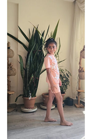 Kız Çocuk Şortlu Takım Yıldızlı Somon, Yeşil, Lila