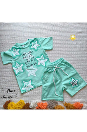 Kız Çocuk Şortlu Takım Yıldızlı Somon, Yeşil, Lila