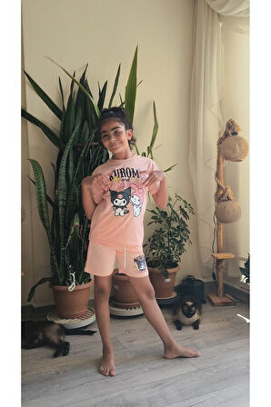 Kız Çocuk Şortlu Takım Kuromi Somon