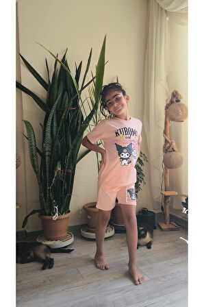 Kız Çocuk Şortlu Takım Kuromi Somon