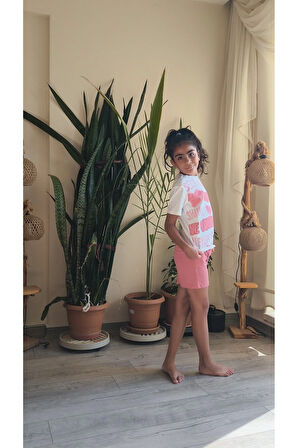 Kız Çocuk Şortlu Takım Self Be Love Beyaz Pembe