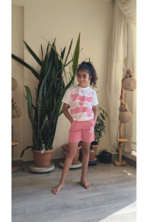 Kız Çocuk Şortlu Takım Self Be Love Beyaz Pembe