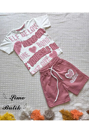 Kız Çocuk Şortlu Takım Self Be Love Beyaz Pembe