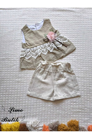 Kız Bebek Şortlu Takım Keten Gül Aplikeli