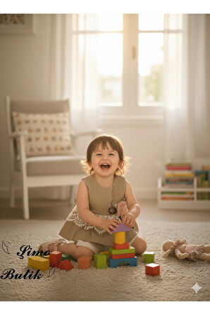 Kız Bebek Şortlu Takım Keten Gül Aplikeli