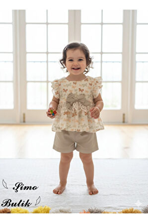 Kız Bebek Şortlu Takım Keten