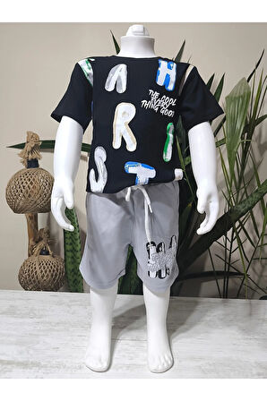 Erkek Çocuk Şortlu Takım, Siyah, Harfli