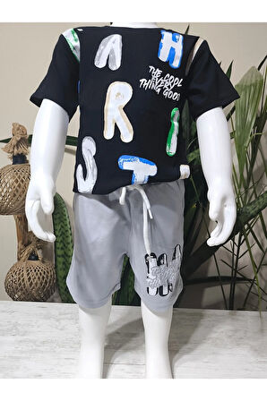 Erkek Çocuk Şortlu Takım, Siyah, Harfli