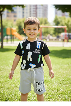 Erkek Çocuk Şortlu Takım, Siyah, Harfli