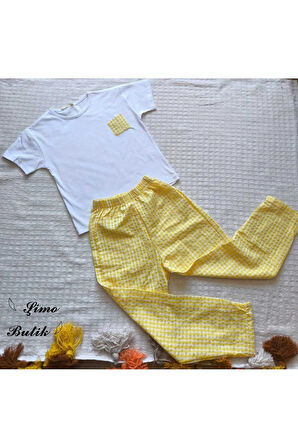 Kız Çocuk Pantolonlu Tişörtlü Takım Beyaz Tişört Pötikareli Pantolon Kırmızı, Siyah, Sarı