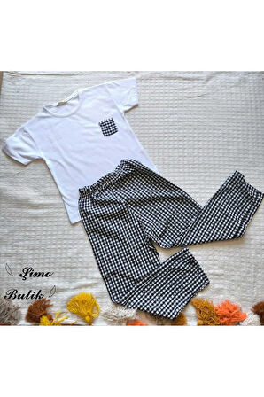 Kız Çocuk Pantolonlu Tişörtlü Takım Beyaz Tişört Pötikareli Pantolon Kırmızı, Siyah, Sarı