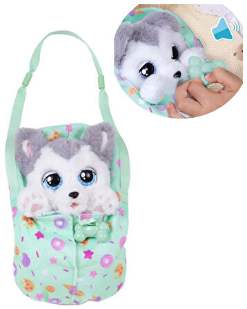 Baby Paws Sesli Yavru Köpek Pelüş 20 cm Husky Yeşil Çanta