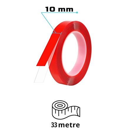 S-Dizayn Çift Taraflı Bant 10mm x 33 Metre Şeffaf Silikon VHB Bant A+Kalite