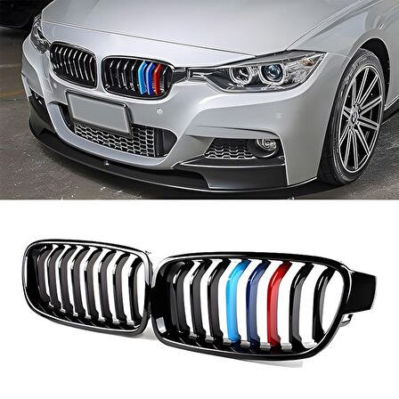 S-Dizayn Bmw 3 Serisi F30/F31/F35 Ön Panjur Böbrek Parlak Siyah Piano Black M Renkli 11'li Düz Model 2012-2017