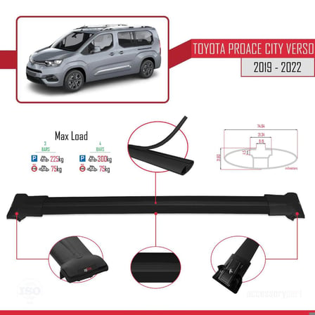 Toyota Proace City Verso 2019-2022 Arası ile uyumlu FLY Model Ara Atkı Tavan Barı SİYAH 4 ADET BAR