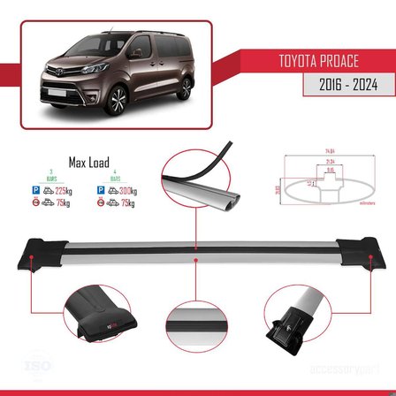 Toyota Proace 2016 ve Sonrası ile uyumlu FLY Model Ara Atkı Tavan Barı GRİ 4 ADET BAR