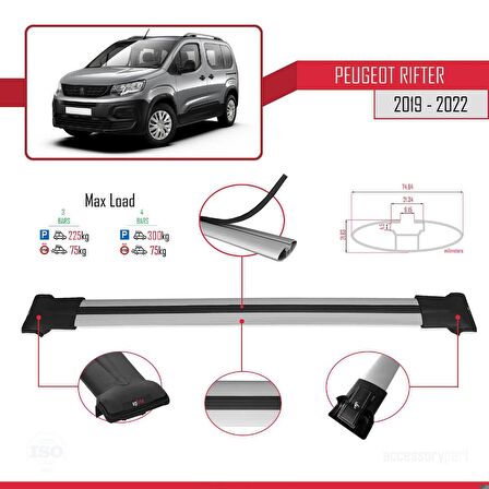 Peugeot Rifter 2019-2022 Arası ile uyumlu FLY Model Ara Atkı Tavan Barı GRİ 4 ADET BAR