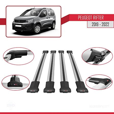 Peugeot Rifter 2019-2022 Arası ile uyumlu FLY Model Ara Atkı Tavan Barı GRİ 4 ADET BAR
