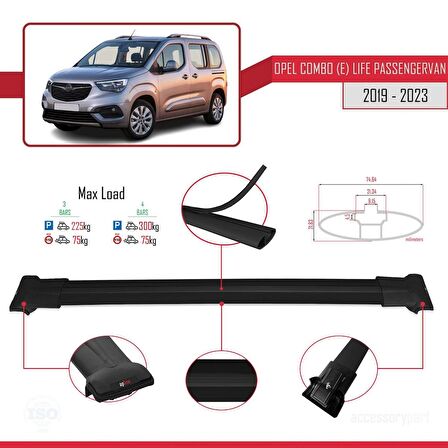 Opel Combo (E) Life PASSENGERVAN 2019-2023 Arası ile uyumlu FLY Model Ara Atkı Tavan Barı SİYAH 4 ADET BAR