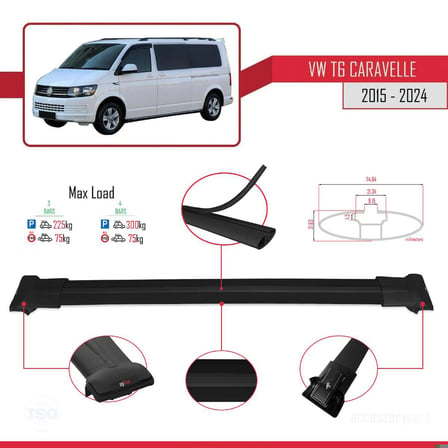 Volkswagen Caravelle (T6) 2015 ve Sonrası ile uyumlu FLY Model Ara Atkı Tavan Barı SİYAH 3 ADET BAR