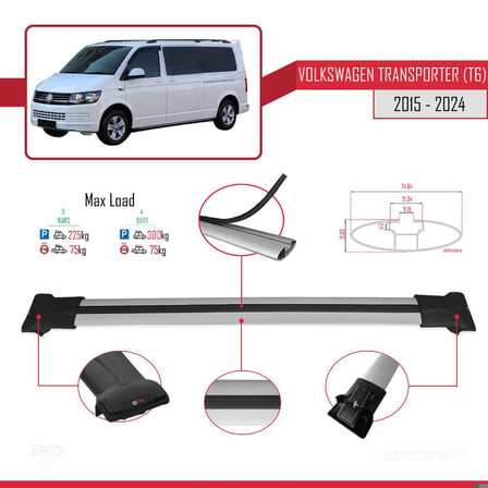 Volkswagen Transporter (T6) 2015 ve Sonrası ile uyumlu FLY Model Ara Atkı Tavan Barı GRİ 4 ADET BAR