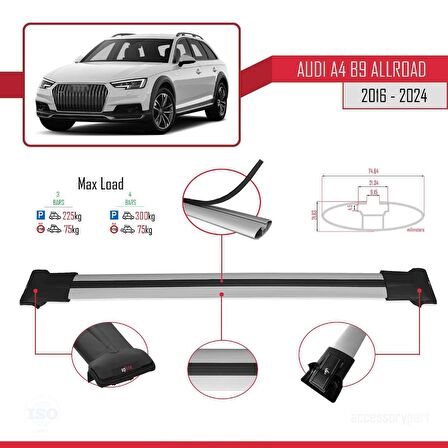 Audi A4 (B9) ALLROAD 2016 ve Sonrası ile Uyumlu FLY Model Ara Atkı Tavan Barı GRİ 3 ADET BAR