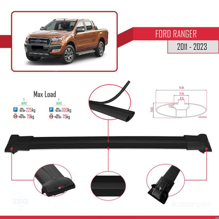 Ford Ranger 2011-2022 Arası ile Uyumlu FLY Model Ara Atkı Tavan Barı SİYAH 3 ADET BAR