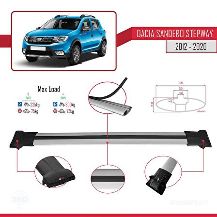 Dacia Sandero STEPWAY 2012-2020 Arası ile Uyumlu FLY Model Ara Atkı Tavan Barı GRİ 3 ADET BAR
