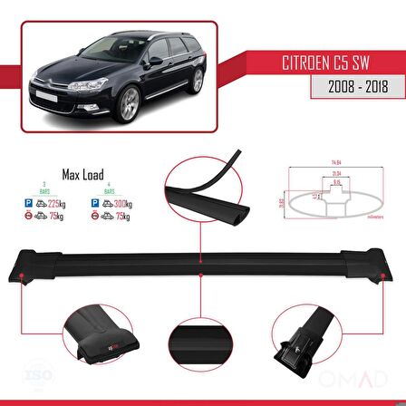 Citroen C5 SW 2008-2018 Arası ile Uyumlu FLY Model Ara Atkı Tavan Barı SİYAH 3 ADET BAR