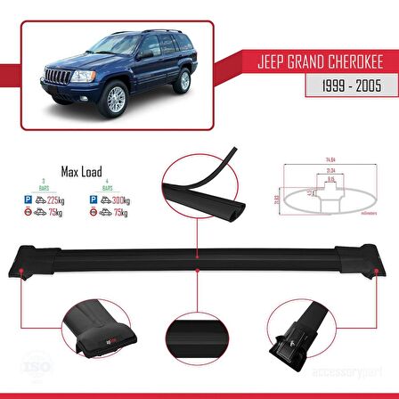 Jeep Grand Cherokee 1999-2005 Arası ile Uyumlu FLY Model Ara Atkı Tavan Barı SİYAH 3 ADET BAR