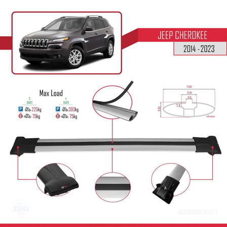 Jeep Cherokee (KL) 2014-2023 Arası ile Uyumlu FLY Model Ara Atkı Tavan Barı GRİ 3 ADET BAR