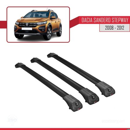 Dacia Sandero STEPWAY 2008-2012 Arası ile uyumlu ACE-1 Ara Atkı Tavan Barı SİYAH 3 ADET BAR